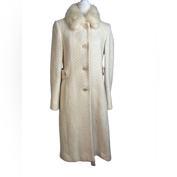 Moda International Off White coat faux fur collar, colorful floral lining - Picture 5 of 15